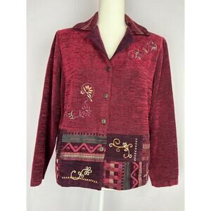 Boho Cottagecore Patchwork Embroidered Jacket Red Maroon Coldwater Creek Sz 10